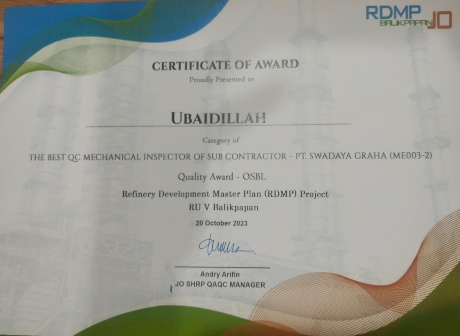 Unveiling Excellence- Mr. Ubaidillah Shines as Best QC Mechanical Inspector in Pertamina Balikpapan’s RDMP Project